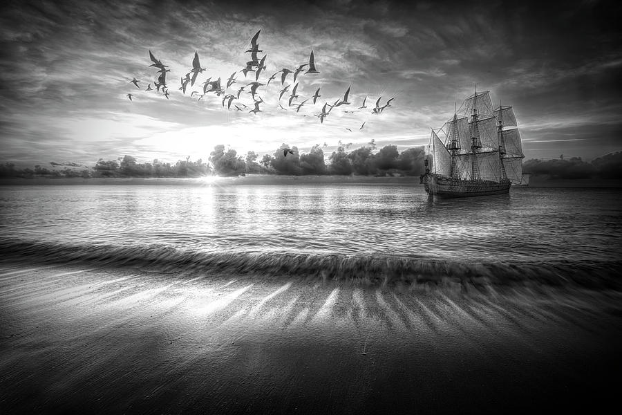 Setting Sail at Dawn Black and White Photograph by Debra and Dave Vanderlaan