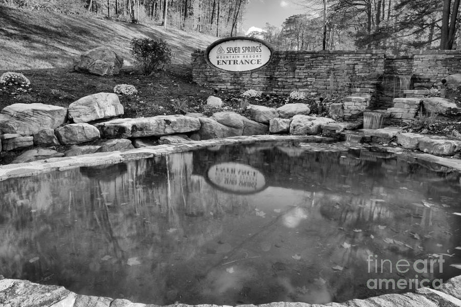 Seven Springs Entrance Fall Reflections Black And White Photograph by Adam Jewell
