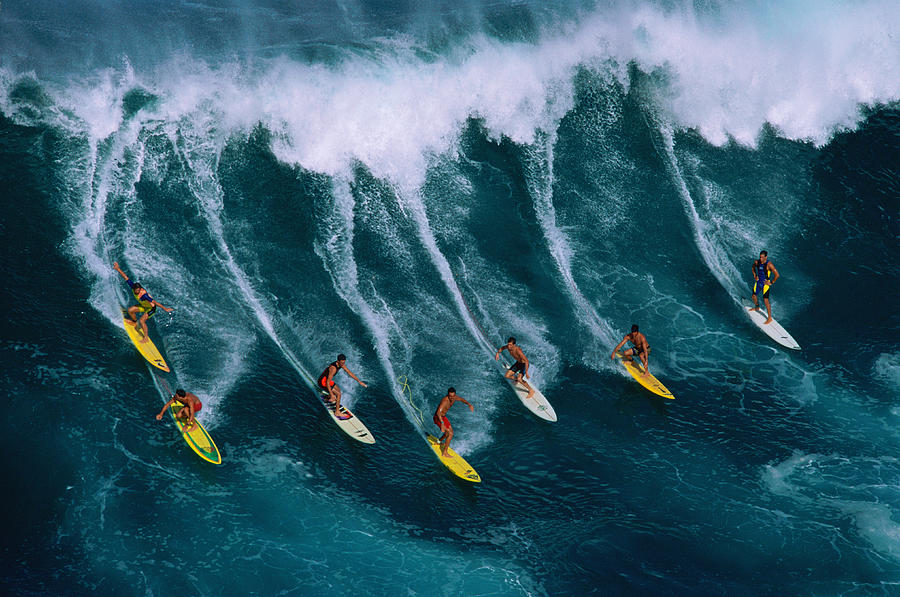 Seven Surfers Riding Large Wave Photograph by Warren Bolster Seven Surfers Riding Large Wave Photograph by Warren Bolster