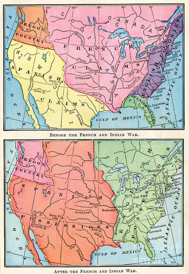 Seven Years War Map Of The Colonies Of North America Before And After Seven Years War Map Of The Colonies Of North America Before And After The French War Against The Indians 1754 1763 18th Century Coloring Engraving American School