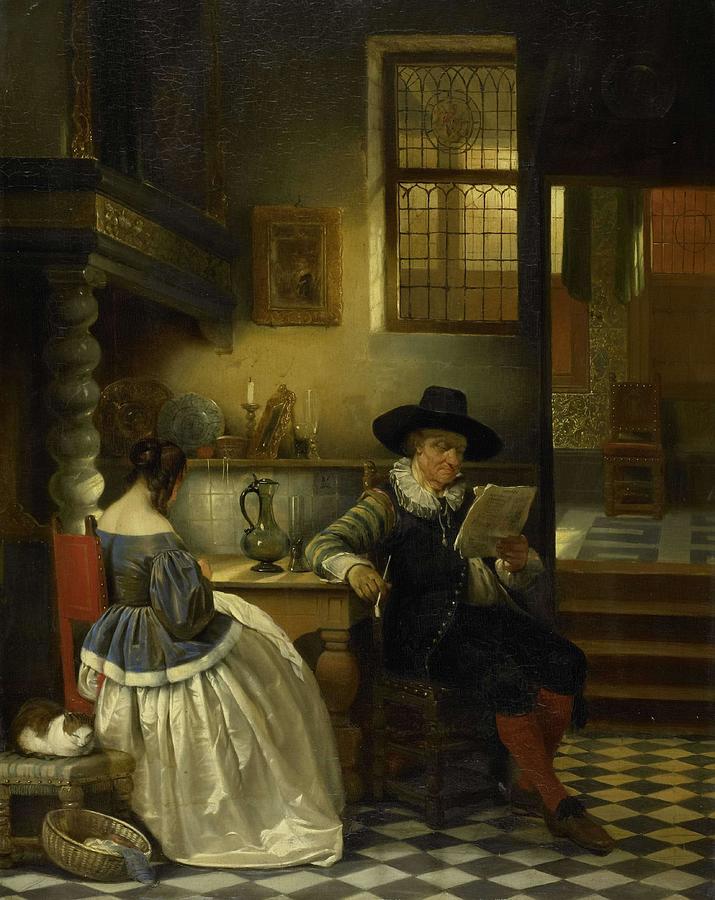 Seventeenth-century Interior. Painting by Jan August Hendrik Leys -1815-1869-