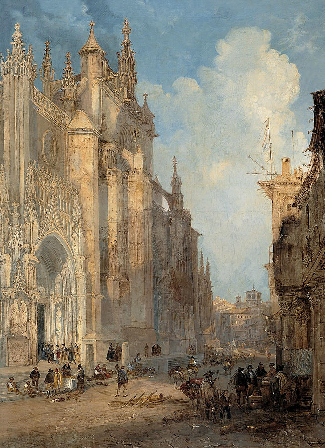 Seville Catedral on the Side of the Steps Painting by Jenaro Perez Villaamil