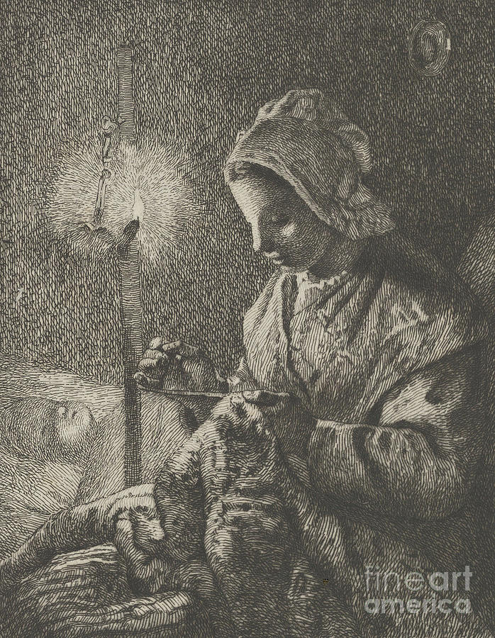 Sewing by Lamplight Drawing by Jean-Francois Millet
