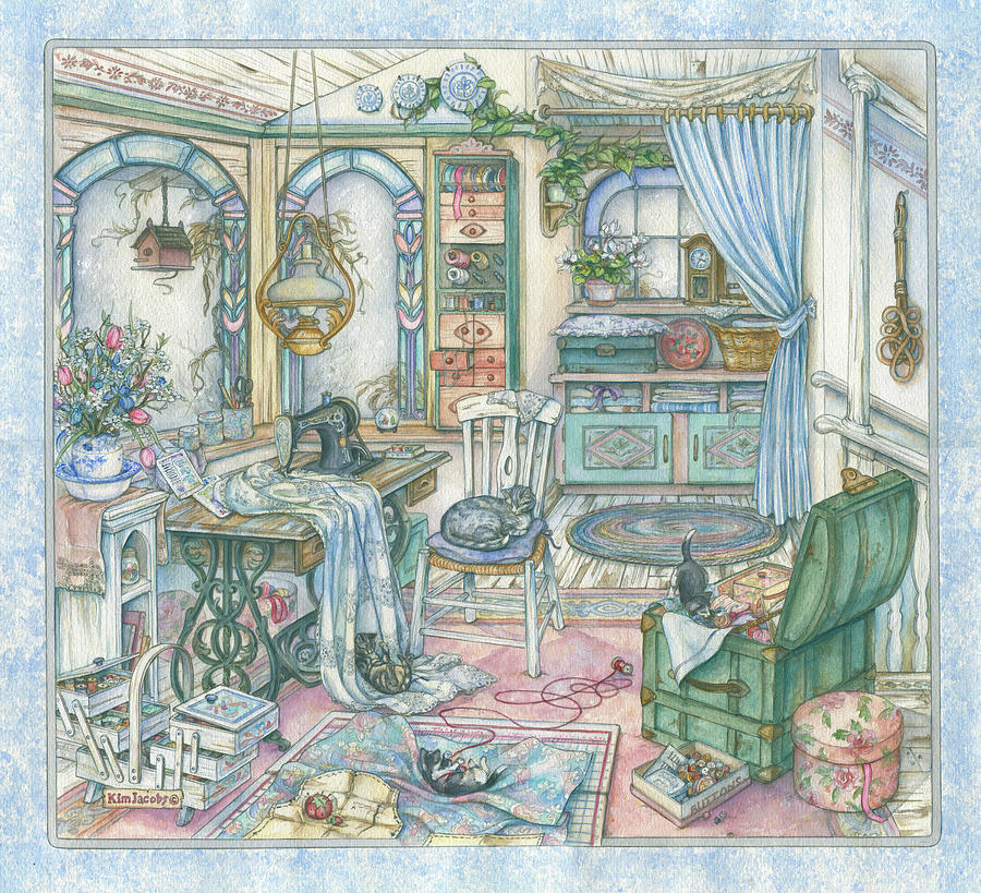 Cat Painting - Sewing Room by Kim Jacobs