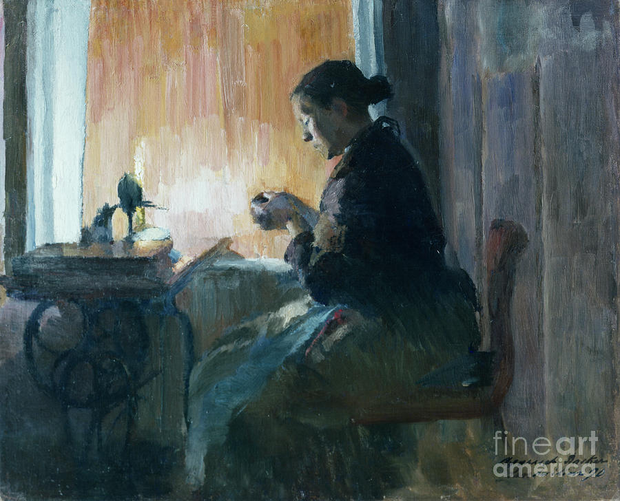 Sewing woman by lamp light Painting by O Vaering by Harriet Backer