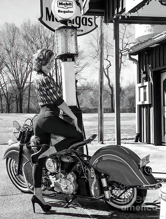 Sexy Model At Mobil Station With Harley Davidson Motorcycle Photograph by Retrographs