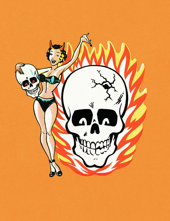 Halloween Drawing - Sexy Woman and Cracked Skull by CSA Images