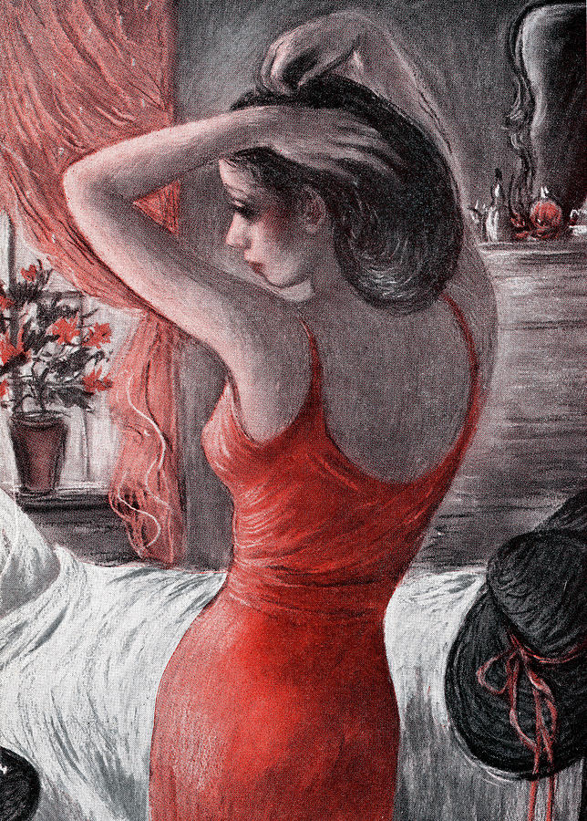 Vintage Drawing - Sexy Woman in A Red Dress by CSA Images