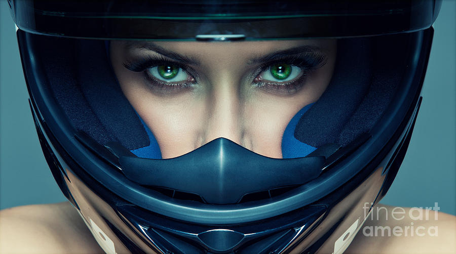 Studio Photograph - Sexy Woman In Helmet On Blue Background by Kiuikson