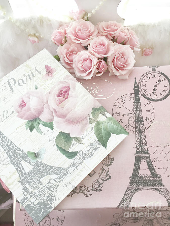 Shabby Chic Cottage Paris Pink Roses Romantic Cottage - Parisian Pink Roses Wall Decor  Photograph by Kathy Fornal