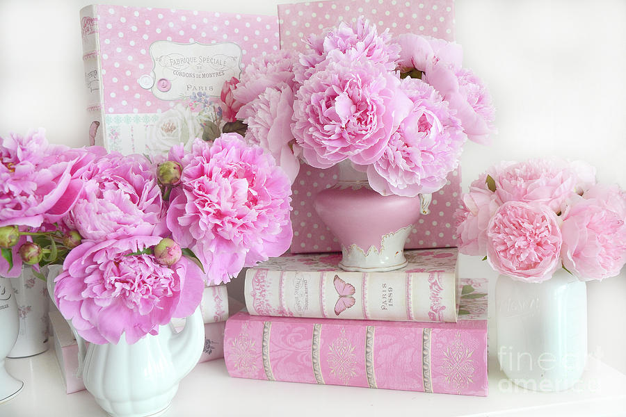 Shabby Chic Pink Peony Flowers Books Print Wall Art Home Decor Photograph by Kathy Fornal