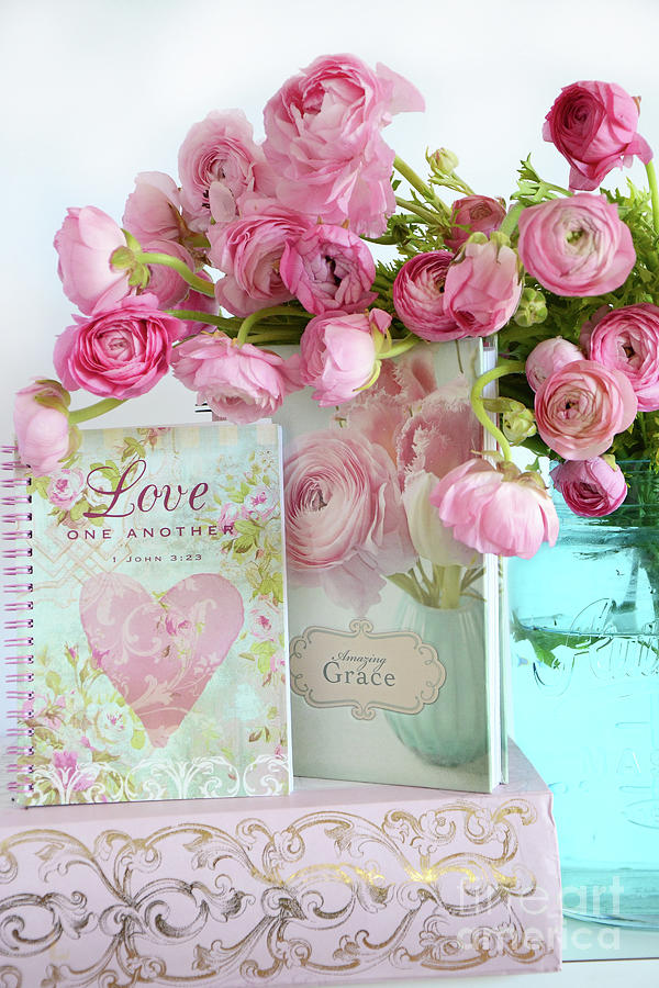 Shabby Chic Romantic Ranunculus Pink Floral Print - Love and Grace Pink Flowers Mason Jars Photograph by Kathy Fornal