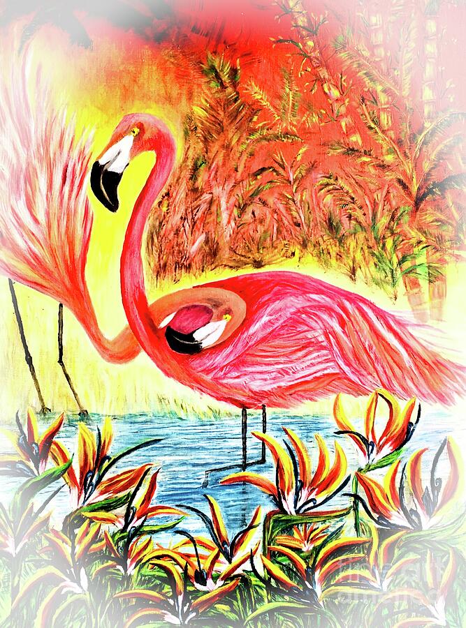 Shadowed Flamingos Painting by Michael Silbaugh