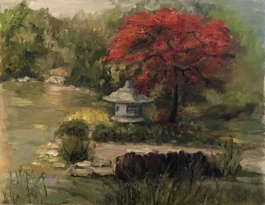 Shady Pond with Red Maple  Painting by Sandra Nardone
