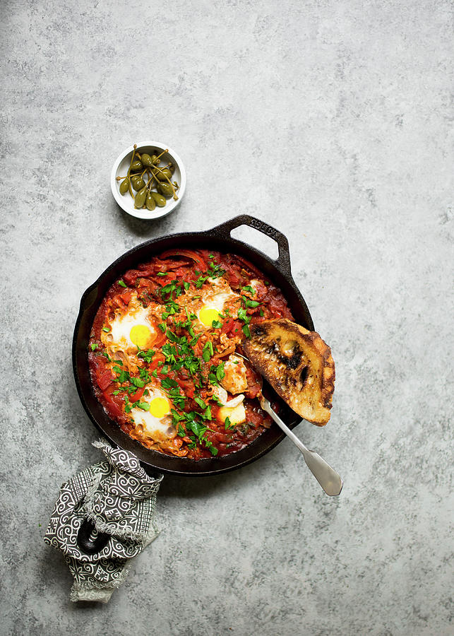 Shakshuka poached Eggs, North Africa With Harissa Sauce Photograph by Lisa Rees