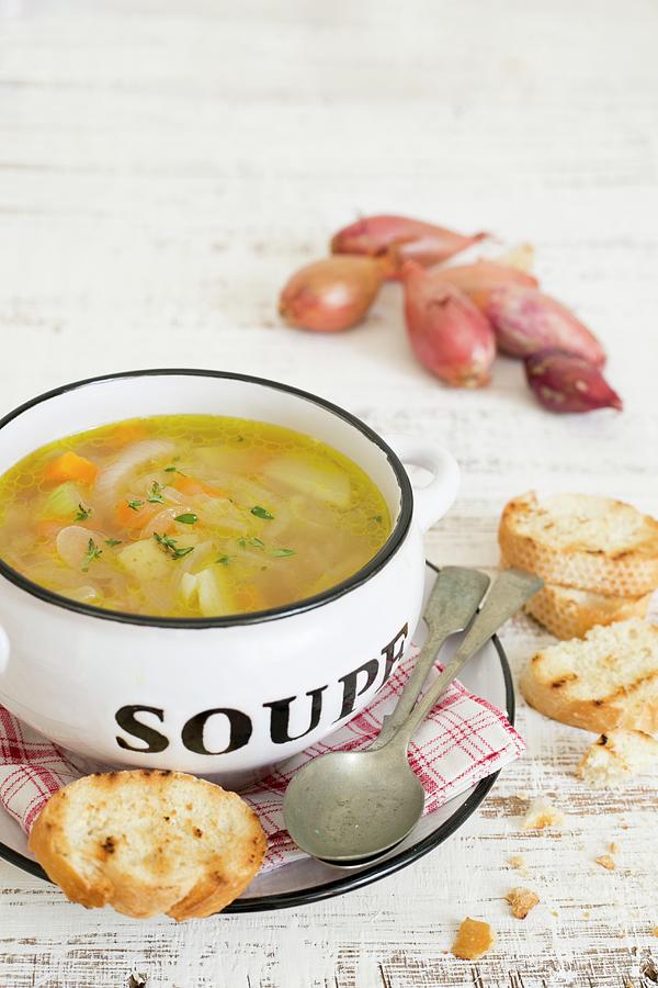 Shallot And Vegetable Soup With Grilled Bread Photograph by Maricruz Avalos Flores