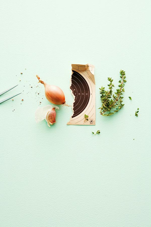 Shallots, Garlic And Thyme With Half A Target Card Photograph by Michael Wissing