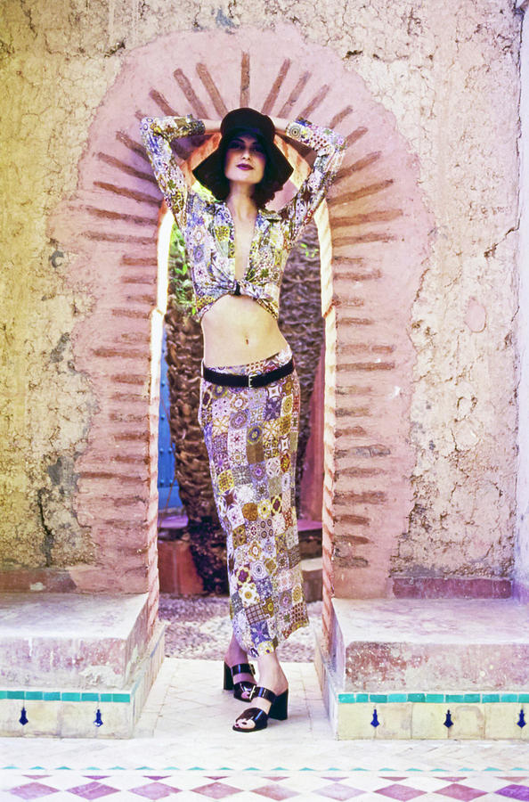 Architecture Photograph - Shalom Harlow Wearing A Patchwork Outfit by Arthur Elgort