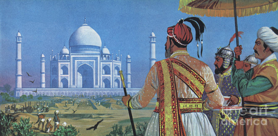 Shan Jahan watching the Taj Mahal being built  Painting by Angus McBride