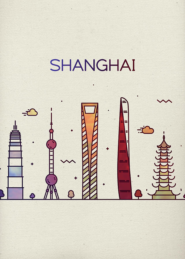 Shanghai China Whimsical City Skyline Fun Bright Tall Series Mixed ...