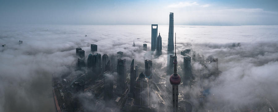 Aerial Photograph - Shanghai In The Fog From Above by Stan Huang