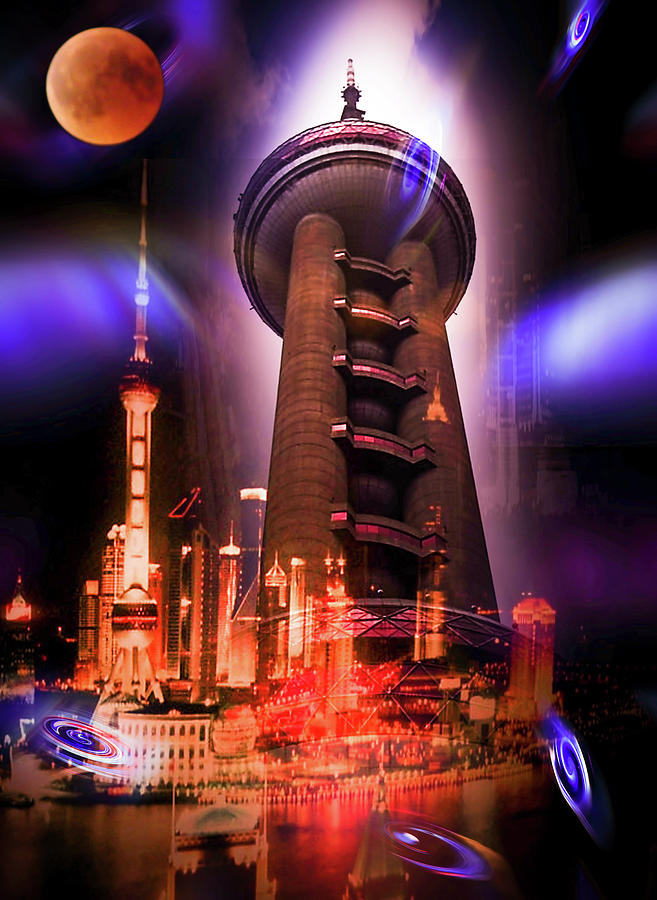 Shanghai Oriental Pearl Tower  Fascination Blood Moon Mixed Media