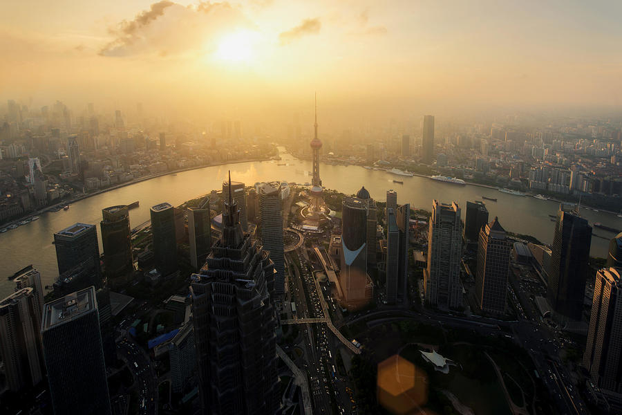 Architecture Photograph - Shanghai Skyline City Scape, Shanghai by Prasit Rodphan