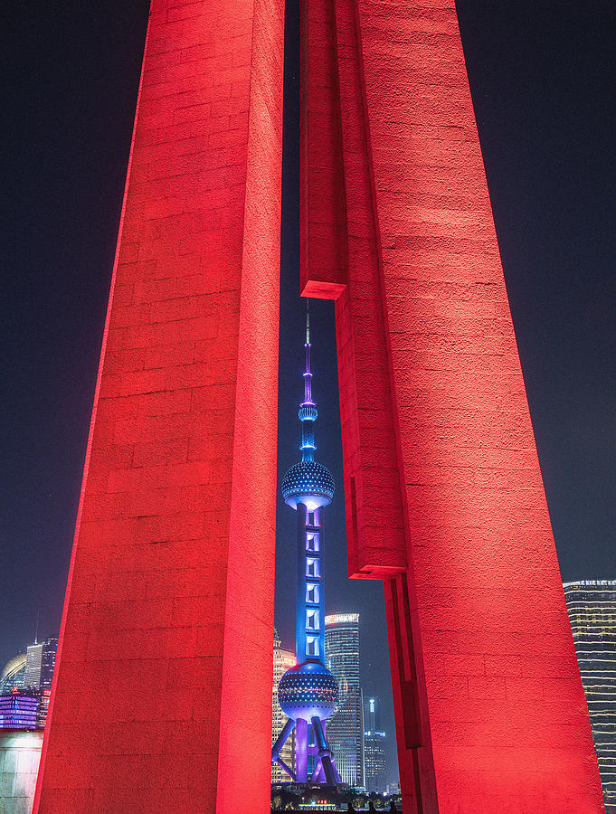 Shanghai Under Red Monument, Pearl Tower, Sh Photograph by Joy Pingwei Pan