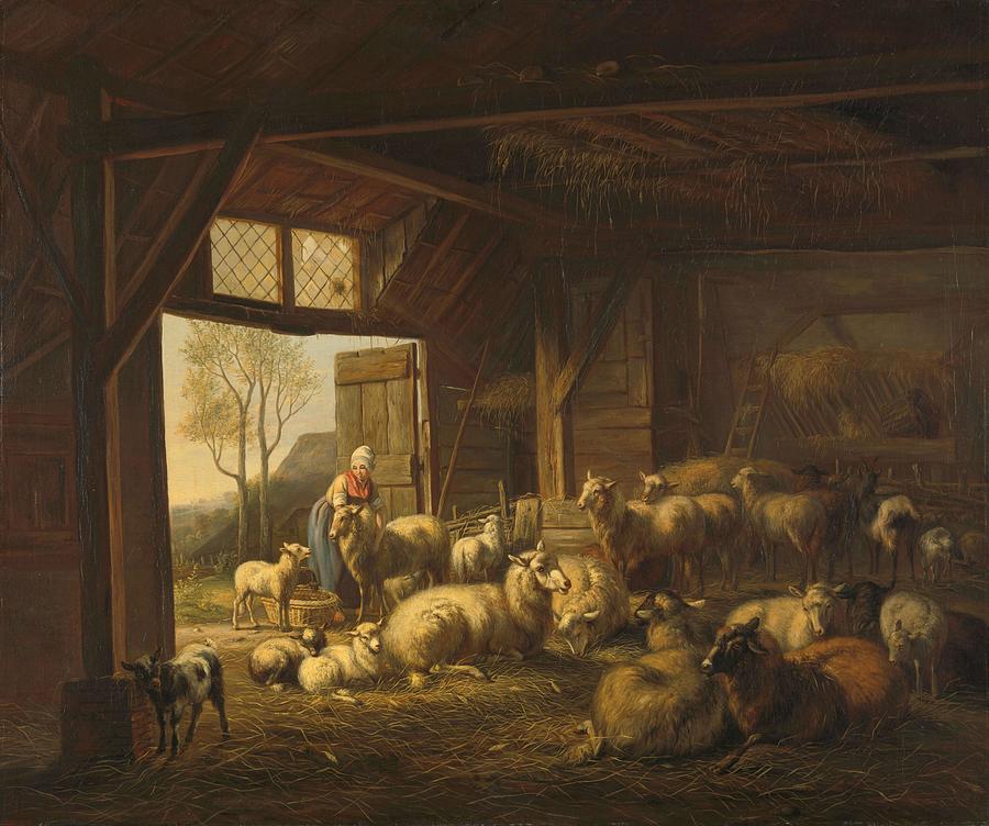 Sheep and Goats in a Stable. Painting by Jan van Ravenswaay