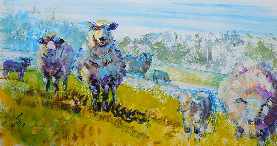Sheep Painting - Sheep and lambs impressionism flock with landscape by Mike Jory