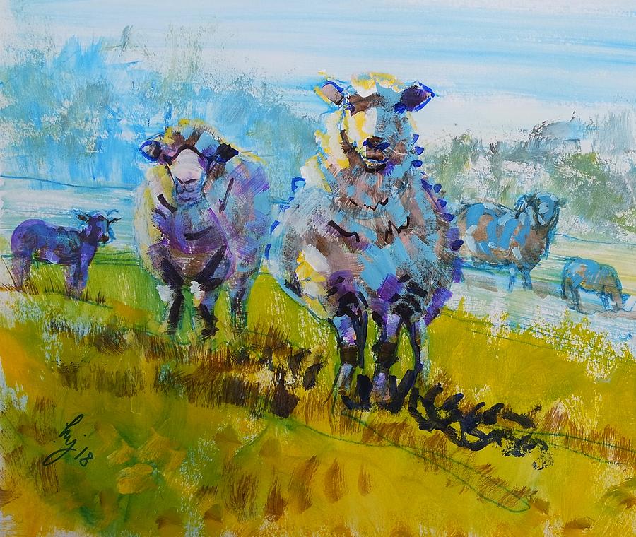 Sheep and lambs in bright sunshine Painting by Mike Jory