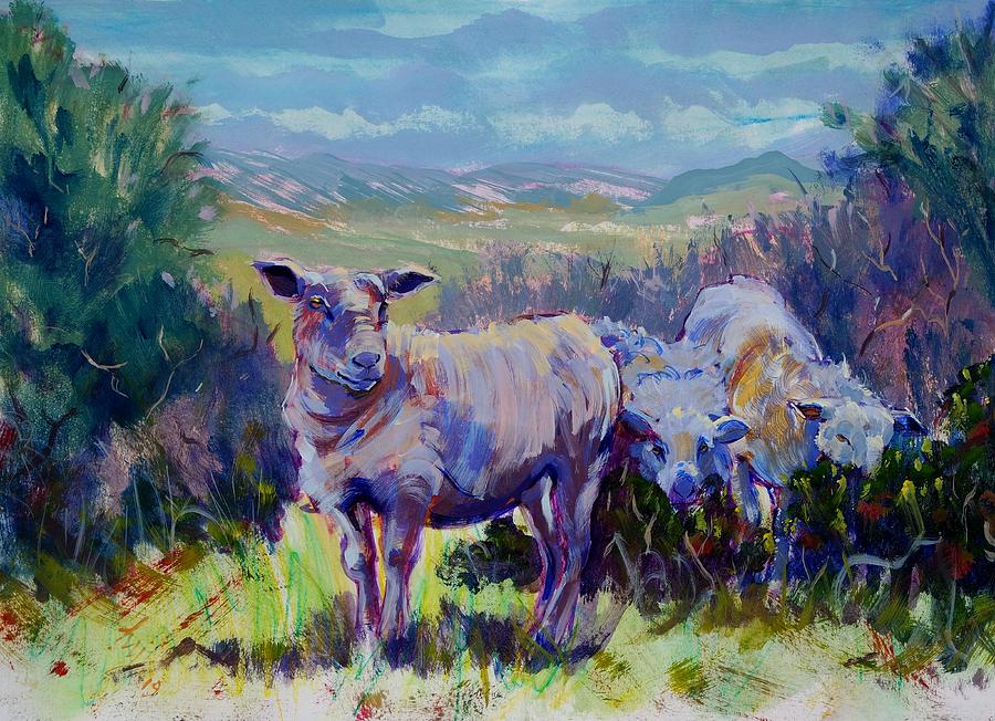 Sheep and landscape painting Painting by Mike Jory