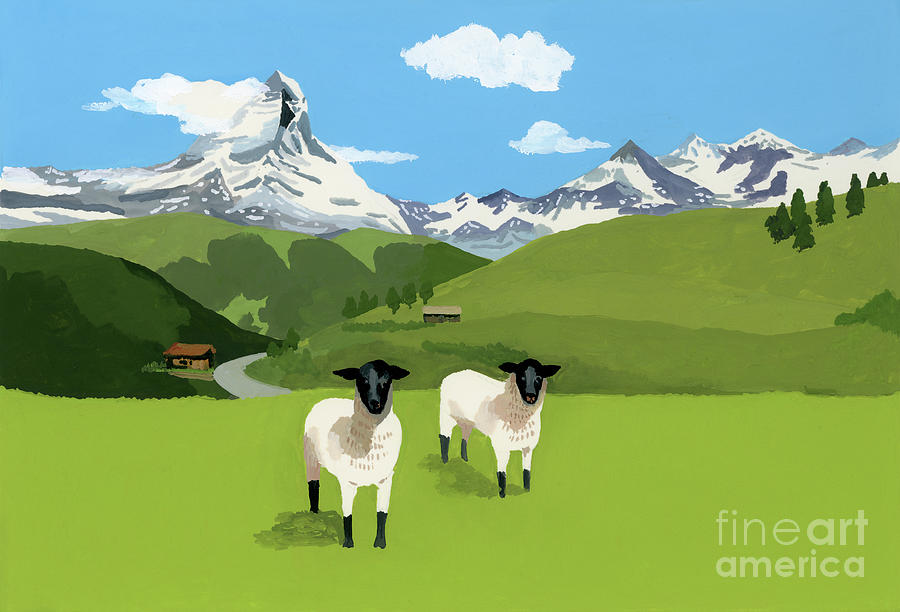 Sheep In Zermatt Switzerland Painting by Hiroyuki Izutsu