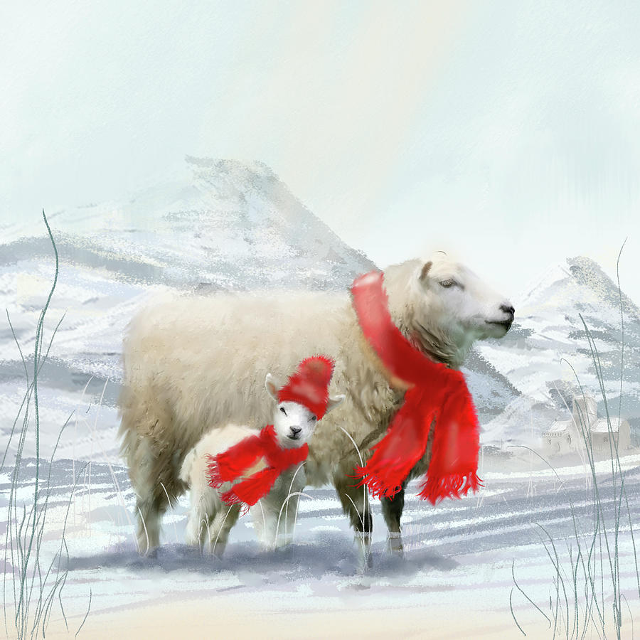 Parenthood Movie Painting - Sheep Red Scarf by Clare Davis London