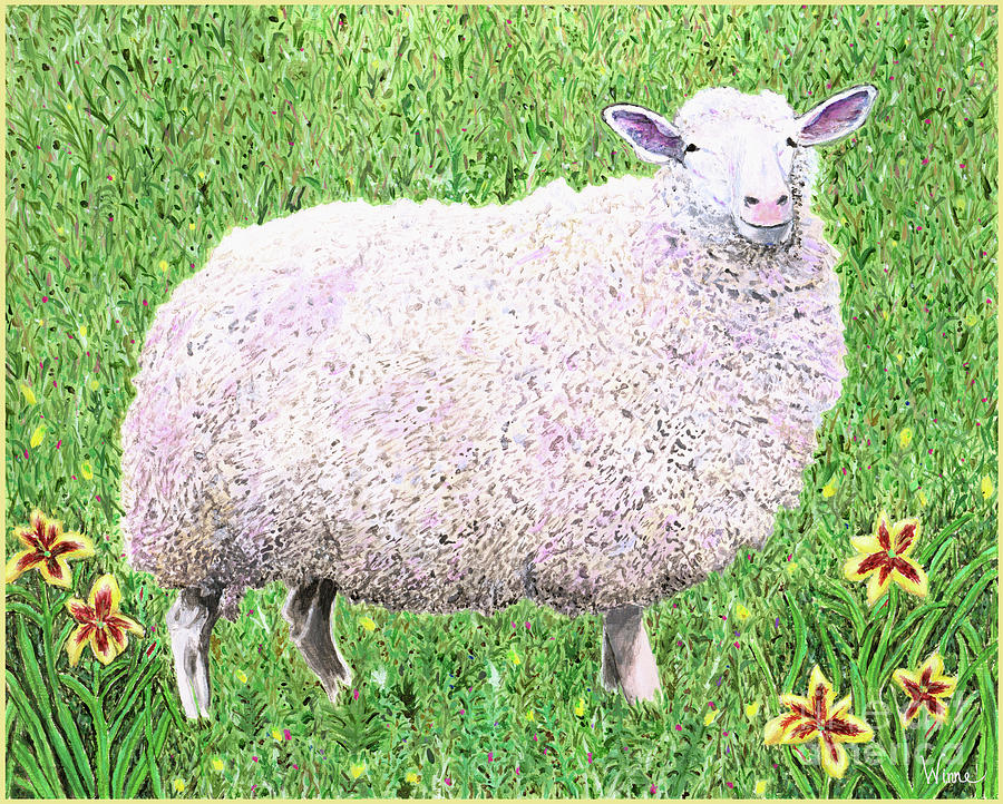 Sheep with Lilies Painting by Lise Winne