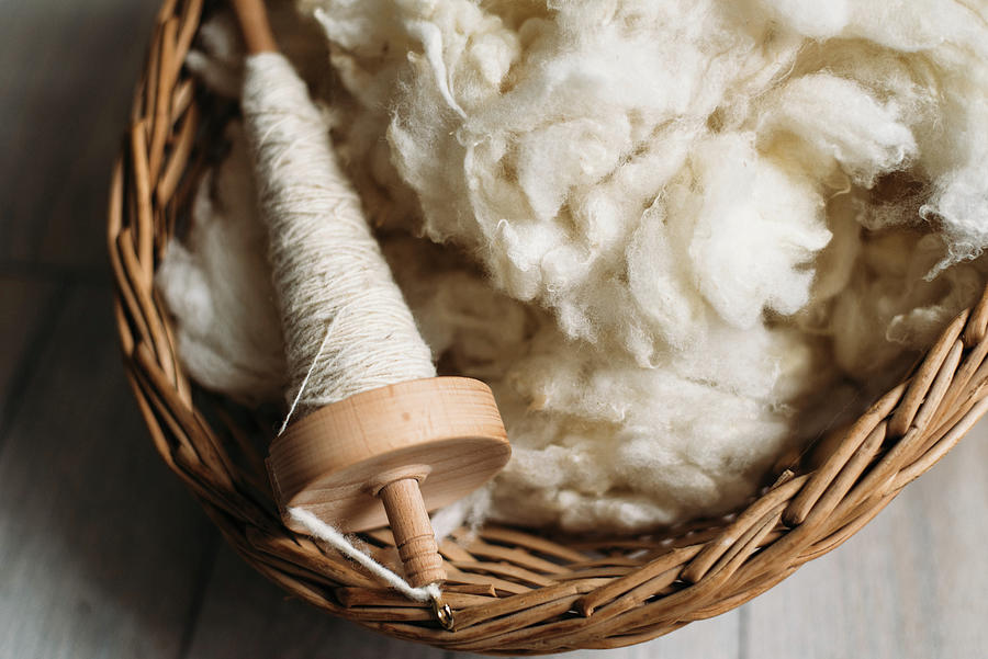 Sheep Wool And Yarn In A Wicker Basket Photograph by Cavan Images ...