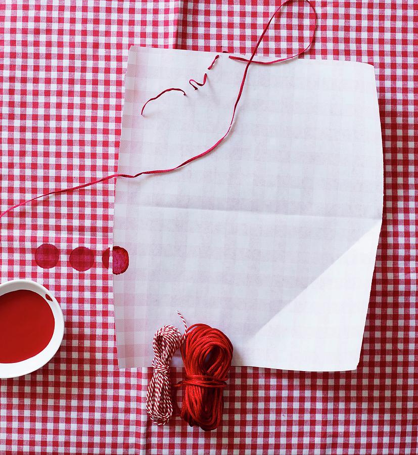 Sheet Of White Paper, Hankd Of Thread And Red Paint On Red And White Gingham Fabric Photograph by Andreas Hoernisch