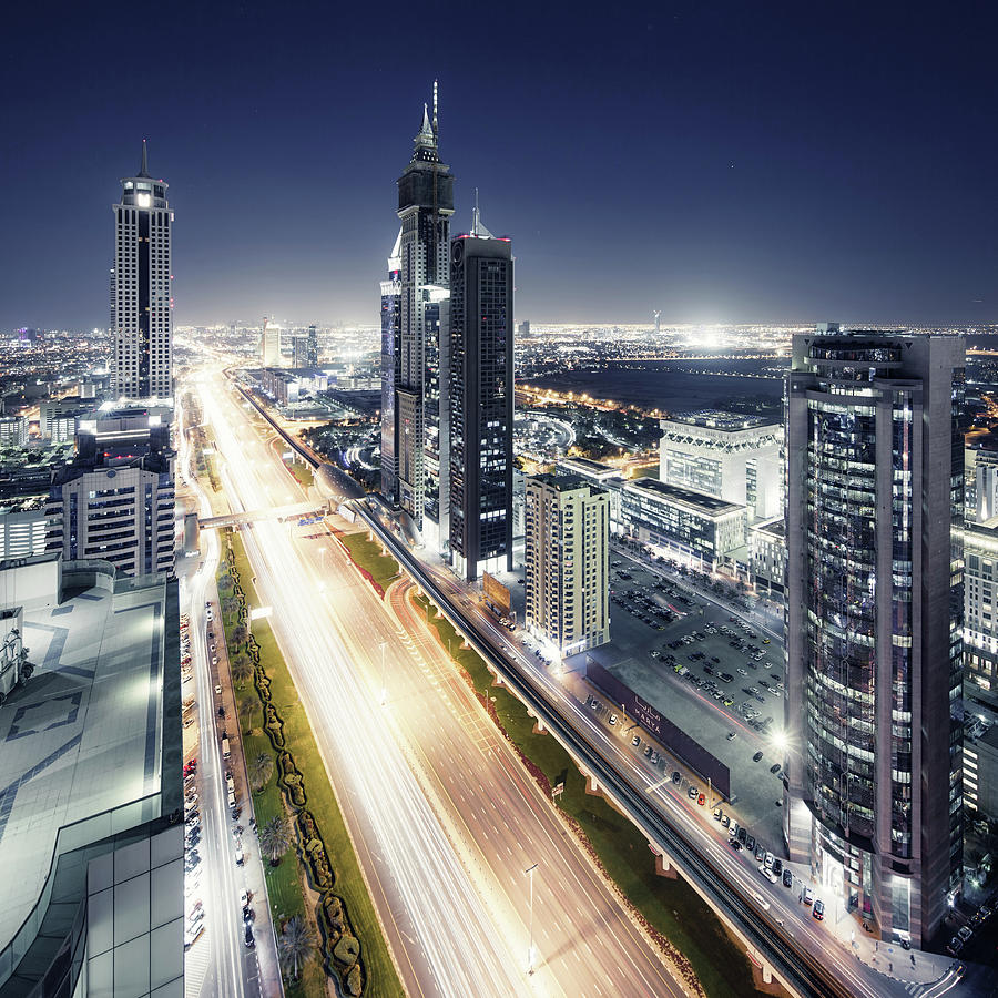 Sheikh Zayed Road At Night Photograph by Spreephoto.de