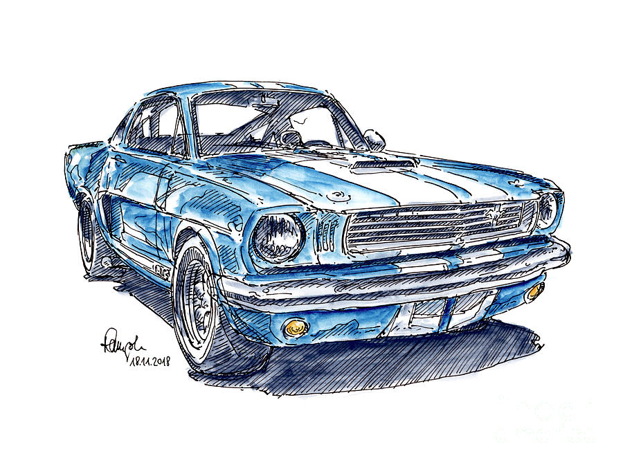 Shelby Mustang GT350 Classic Car Ink Drawing and Watercolor Drawing by