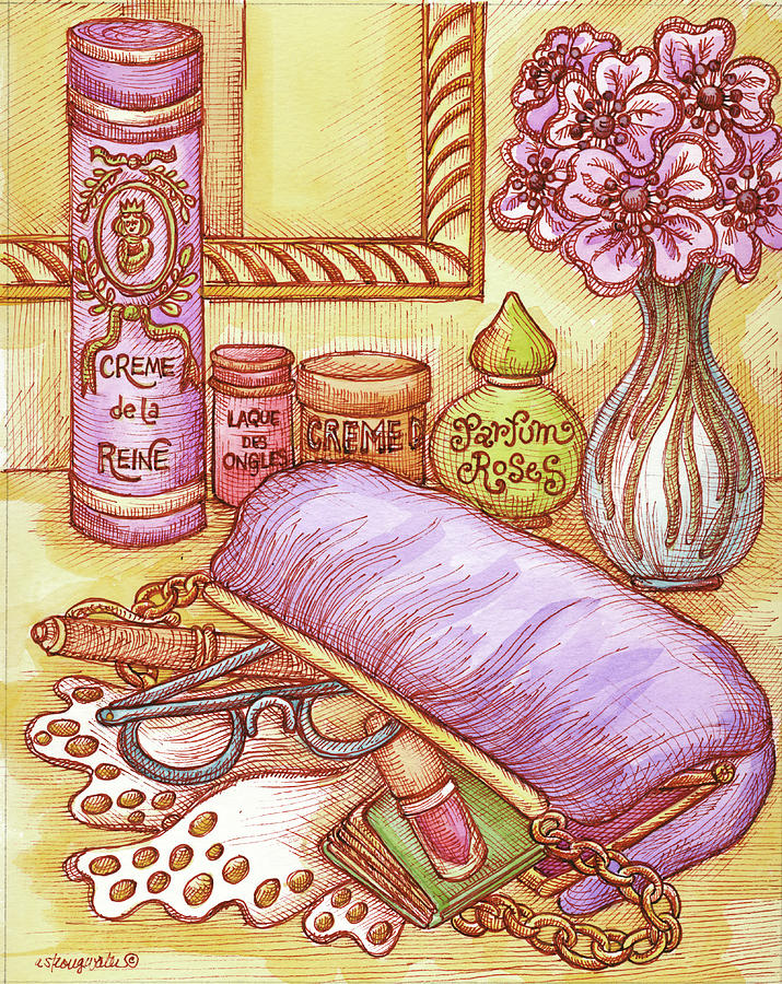 Cosmetics Painting - Shelf With Clutch by Andrea Strongwater