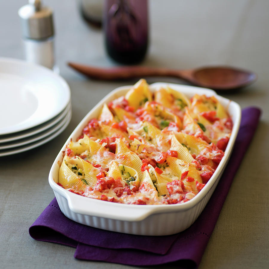 Shell Pasta With A Cheese And Vegetable Filling In A Baking Dish ...