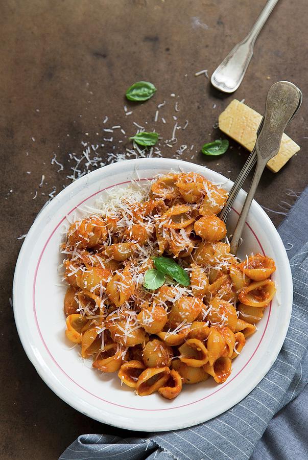 Shell Pasta With Tomato Sauce And Parmesan Cheese Photograph by Adel Bekefi