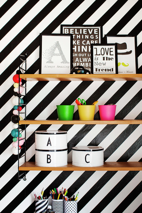 Shelves On Black-and-white Striped Wall Photograph by Lina stling
