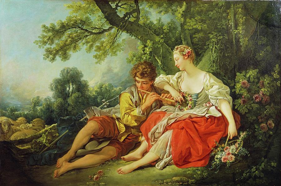 Shepherd Piping To A Shepherdess Painting by Francois Boucher - Fine ...