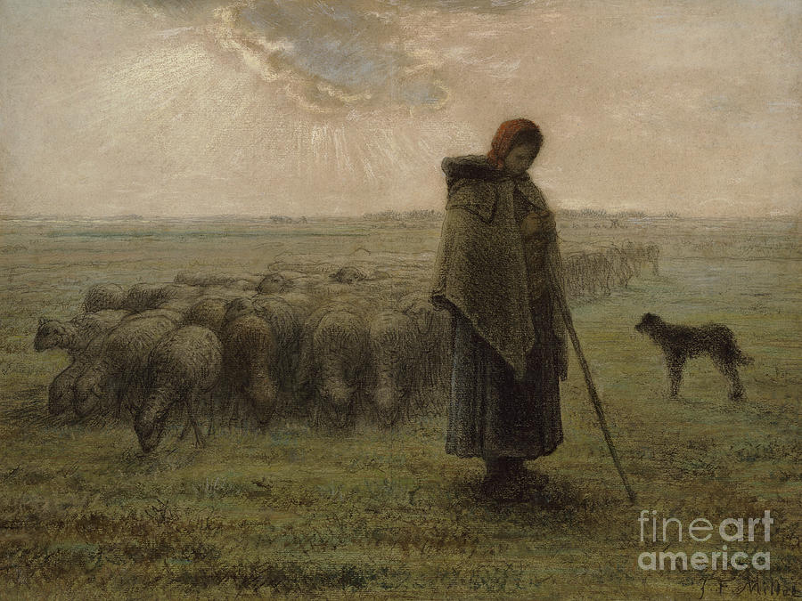 Landscape Pastel - Shepherdess and Her Flock by Millet by Jean-Francois Millet