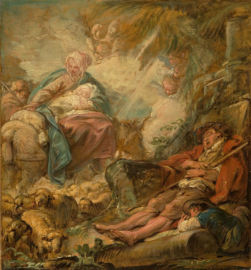 Shepherds Dreaming of the Flight into Egypt Painting by Jean-Baptiste-Henri Deshays