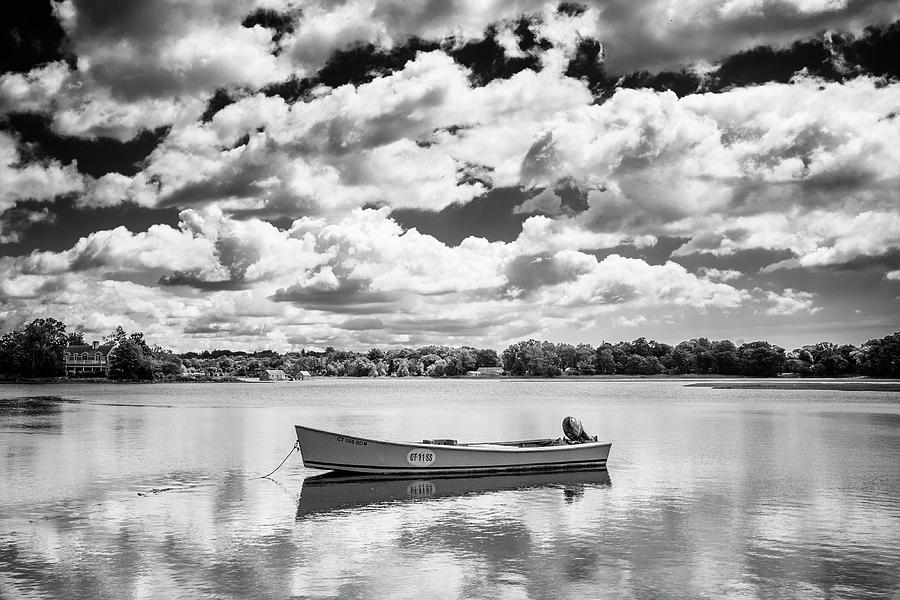 Black And White Photograph - Sherwood Millpond Skiff Black and White by Stephanie McDowell