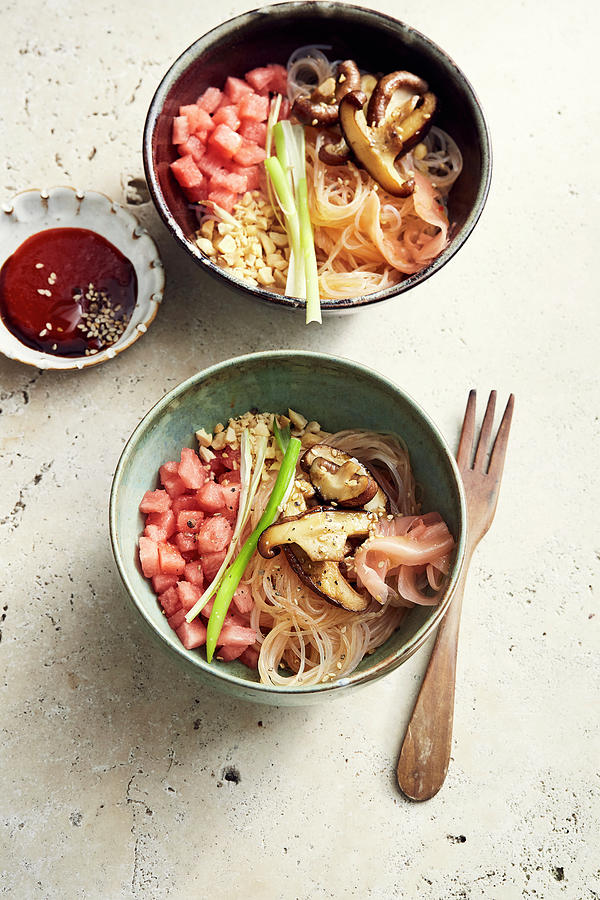 Shiitake Glass Noodle Salad With Watermelon Photograph by Thorsten Stockfood Studios / Suedfels