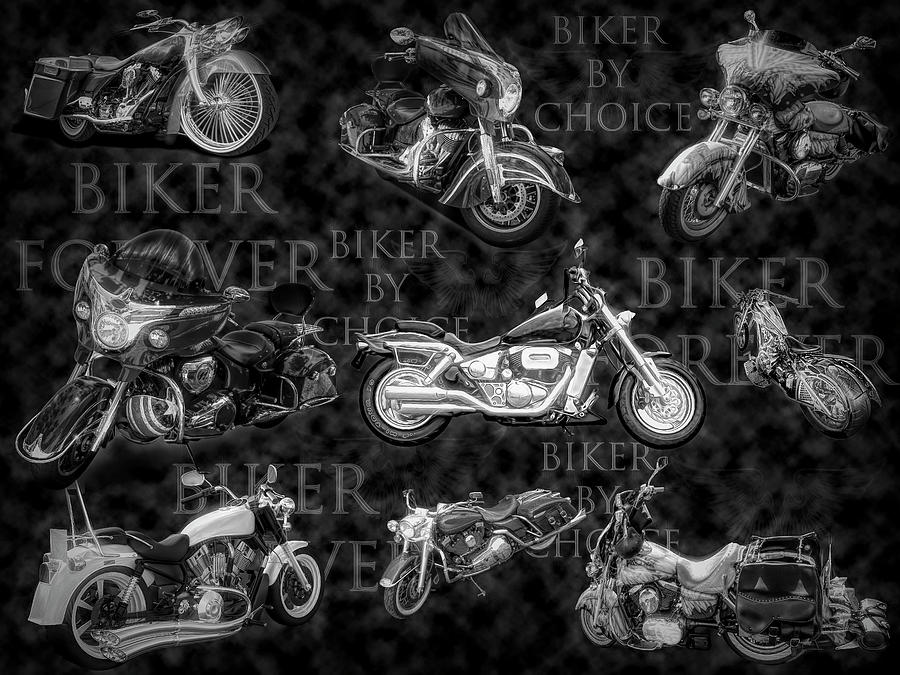 Cool Digital Art - Shiny Bikes Galore in Black and White by Debra and Dave Vanderlaan