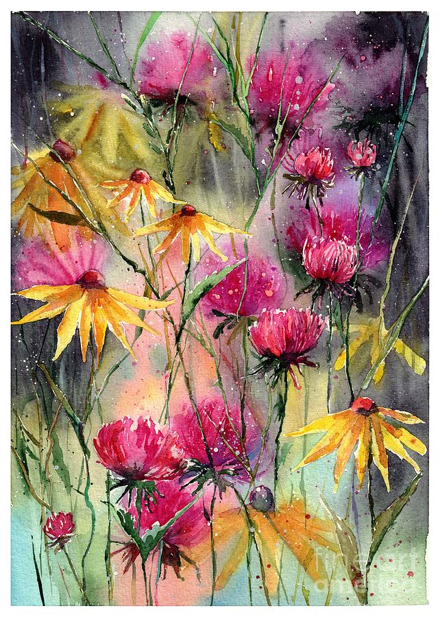 Rudbeckia Painting - Shiny Rudbeckia And Thistle by Suzann Sines Rudbeckia Painting - Shiny Rudbeckia And Thistle by Suzann Sines